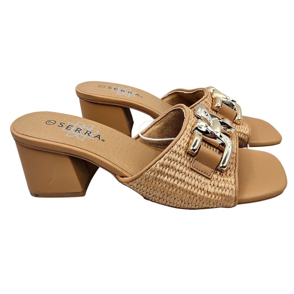 Serra Ladies Block Heel Sandals Tan Woven Gold Chain Link Slide Mules Size 7 NEW